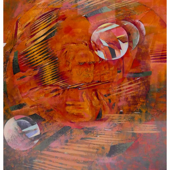 Large Futurism Painting signed Jian Huong? Framed. Glass crack diagonally, no damage to artwork. 44x42''