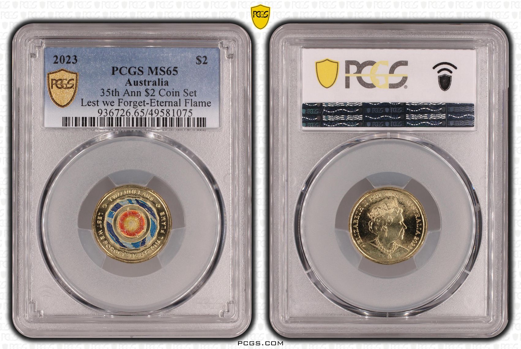 35th Ann $2 Coin Set Colorized Lest we Forget-Eternal Flame, Two Dollar, 2023, PCGS MS65