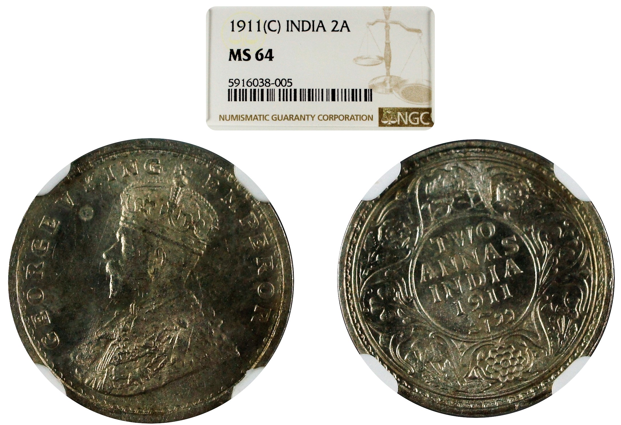 India British 1911 C 2 Anna NGC MS64 - Rare Date and Grade for the type