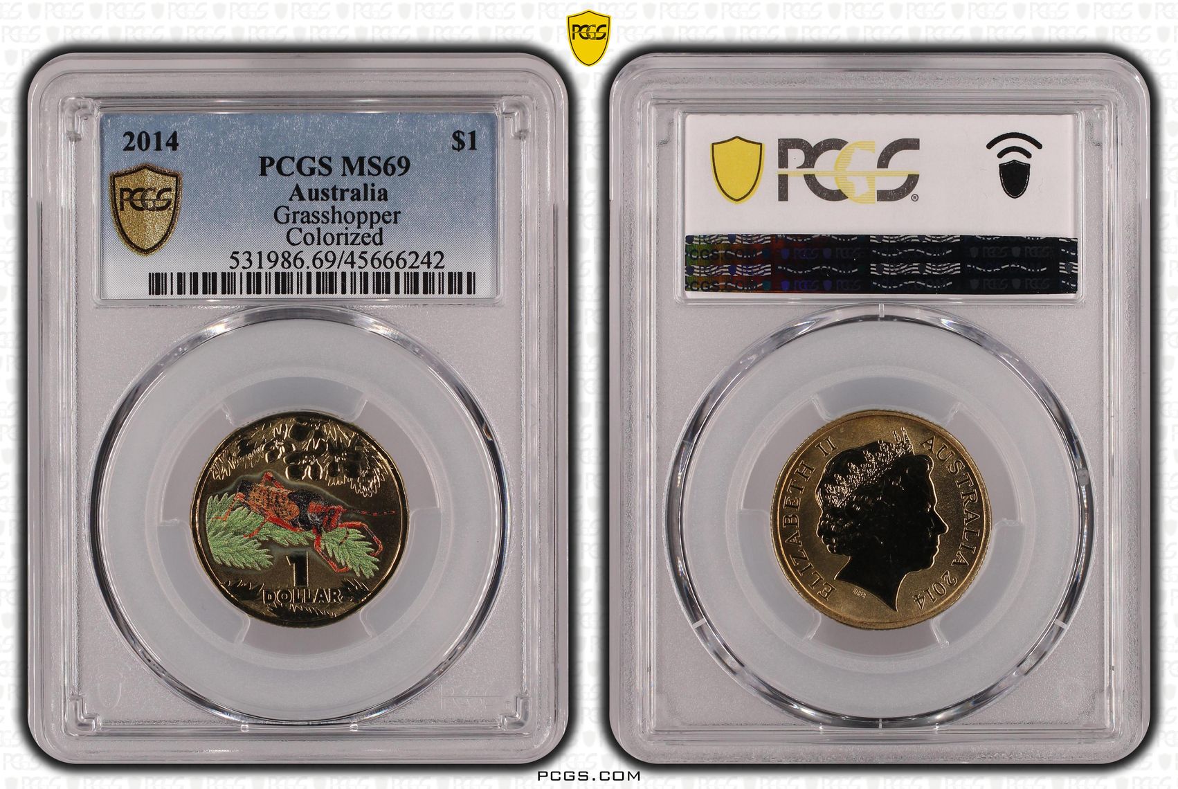 2014 Australia One Dollar, $1 Grasshopper Colorized PCGS - MS69 POP 4/0 -242