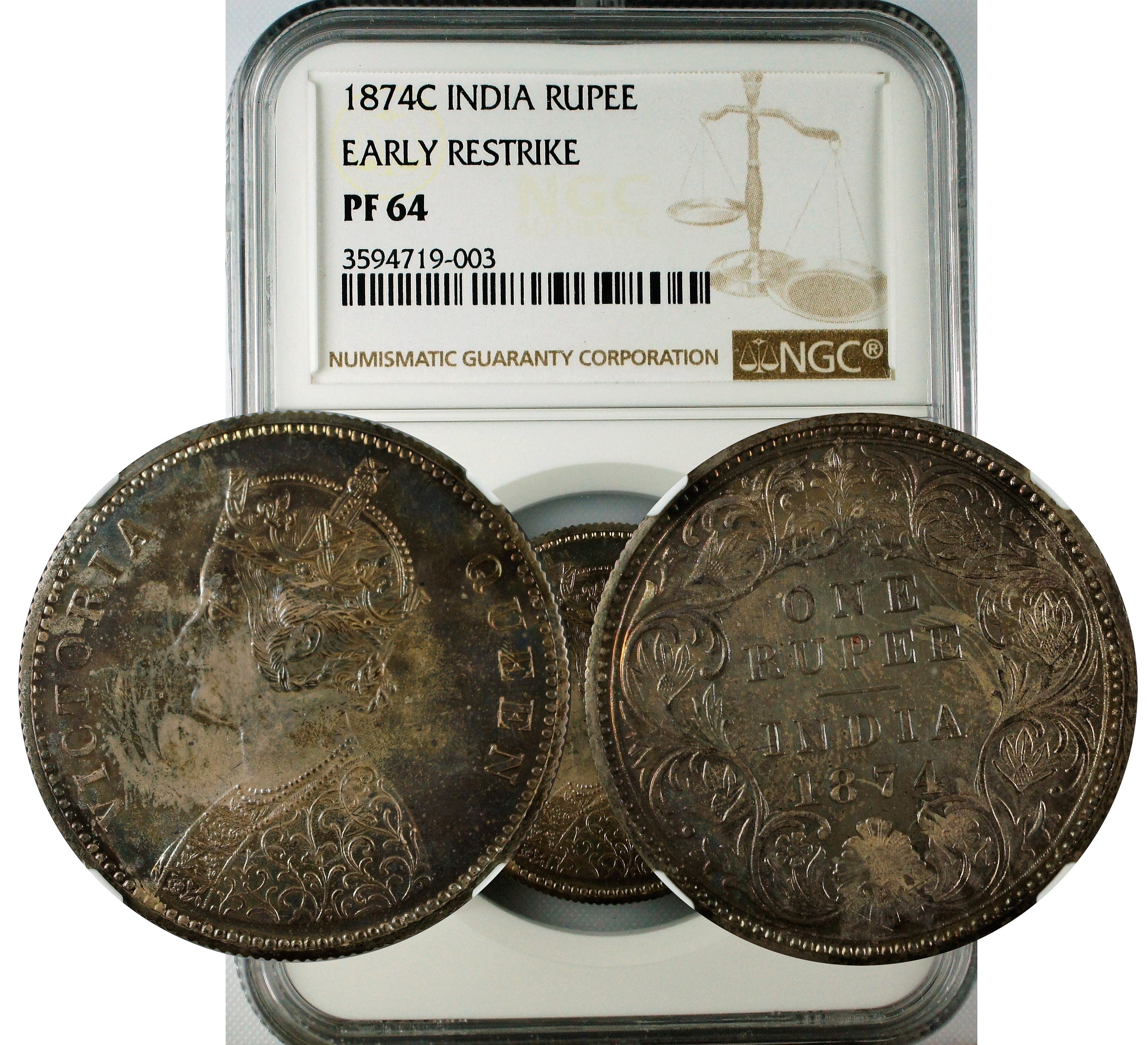 India 1874 C India Rupee Early Restrike NGC PF64