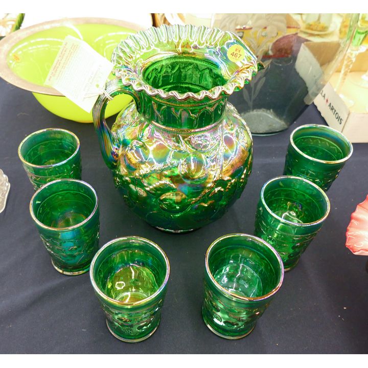 7pc Fenton Green Carnival Pitcher & Glass Set