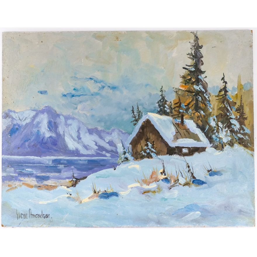 Gene Amondson ''Cabin Next to Lake in Winter'' Oil on Masonite 16''x20''