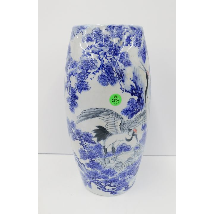 Japanese B&W Painted Crane Porcelain Vase- 12.5''