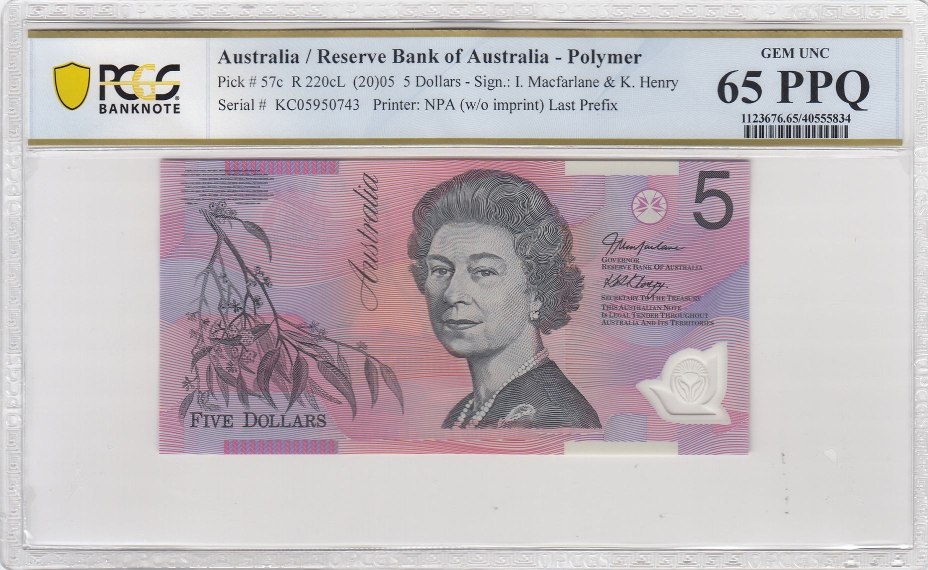 Macfarlane/Henry, Last Prefix, Five Dollar, 2005, PCGS Gem UNC 65 PPQ