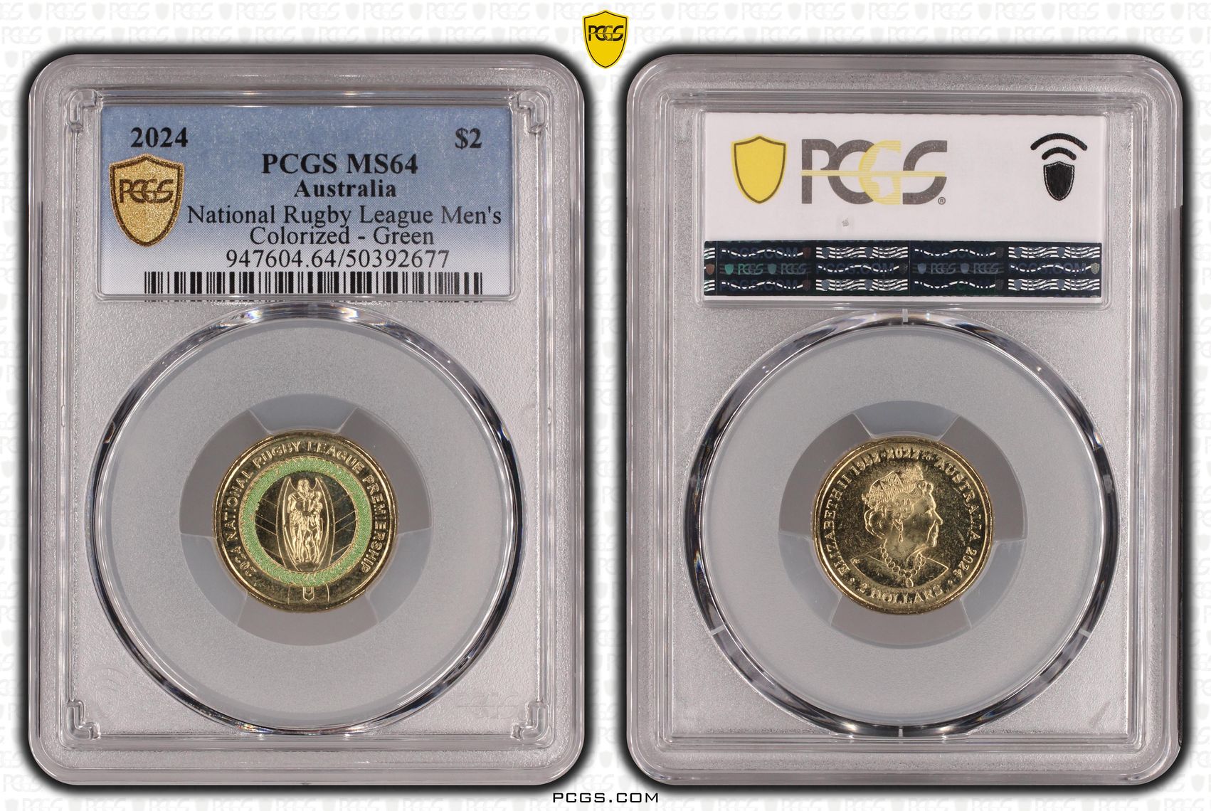 Elizabeth II, National Rugby League Men's Colorized - Green , Two Dollar, 2024, PCGS MS64