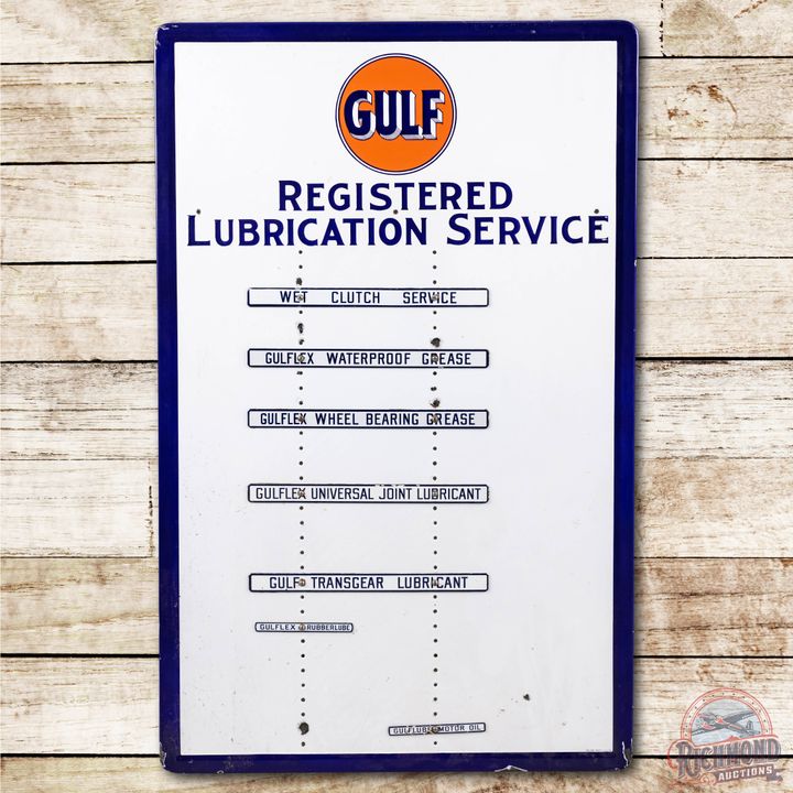Gulf Registered Lubrication Service Embossed Porcelain Grease Gun Rack Sign