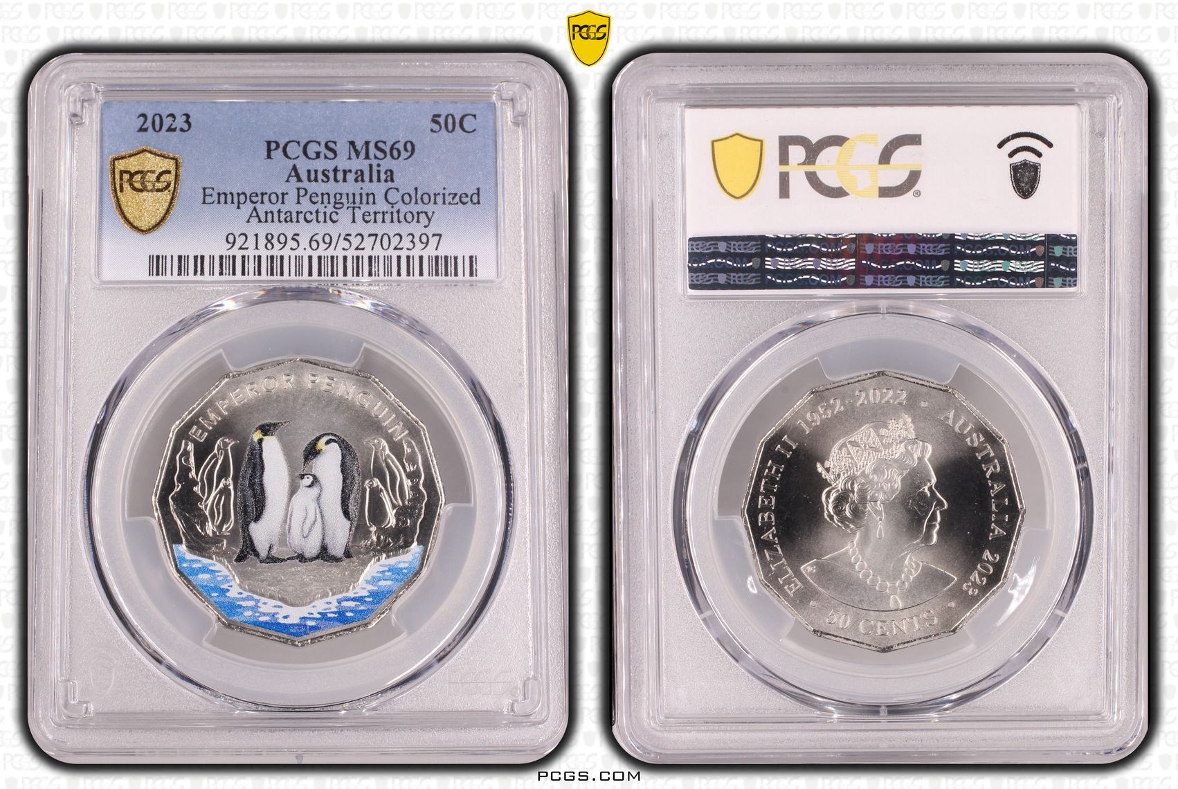 Emperor Penguin Colorized Antarctic Territory, Fifty Cent, 2023, PCGS MS69
