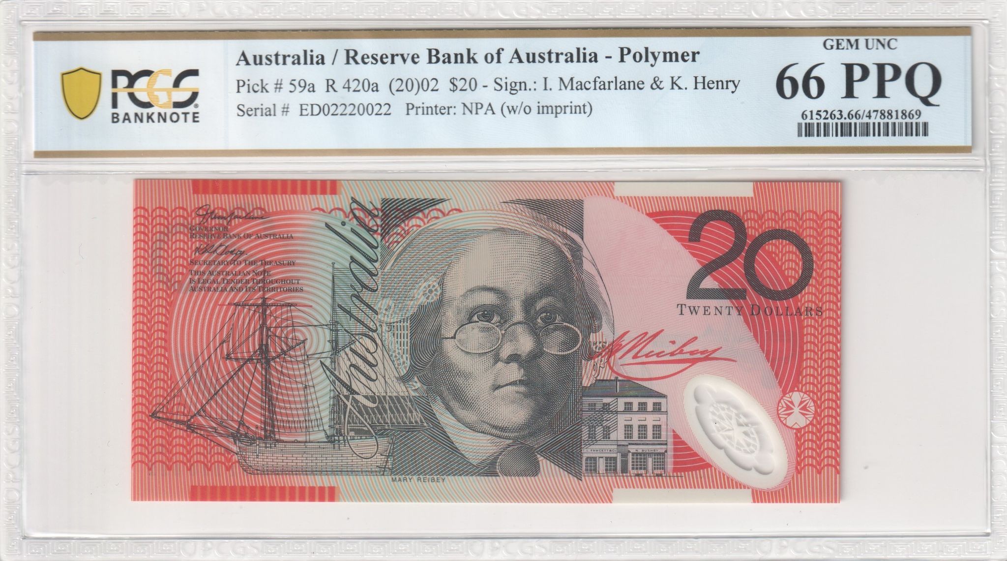 Macfarlane/ Henry, Twenty Dollar, 2002, PCGS Gem UNC 66 PPQ