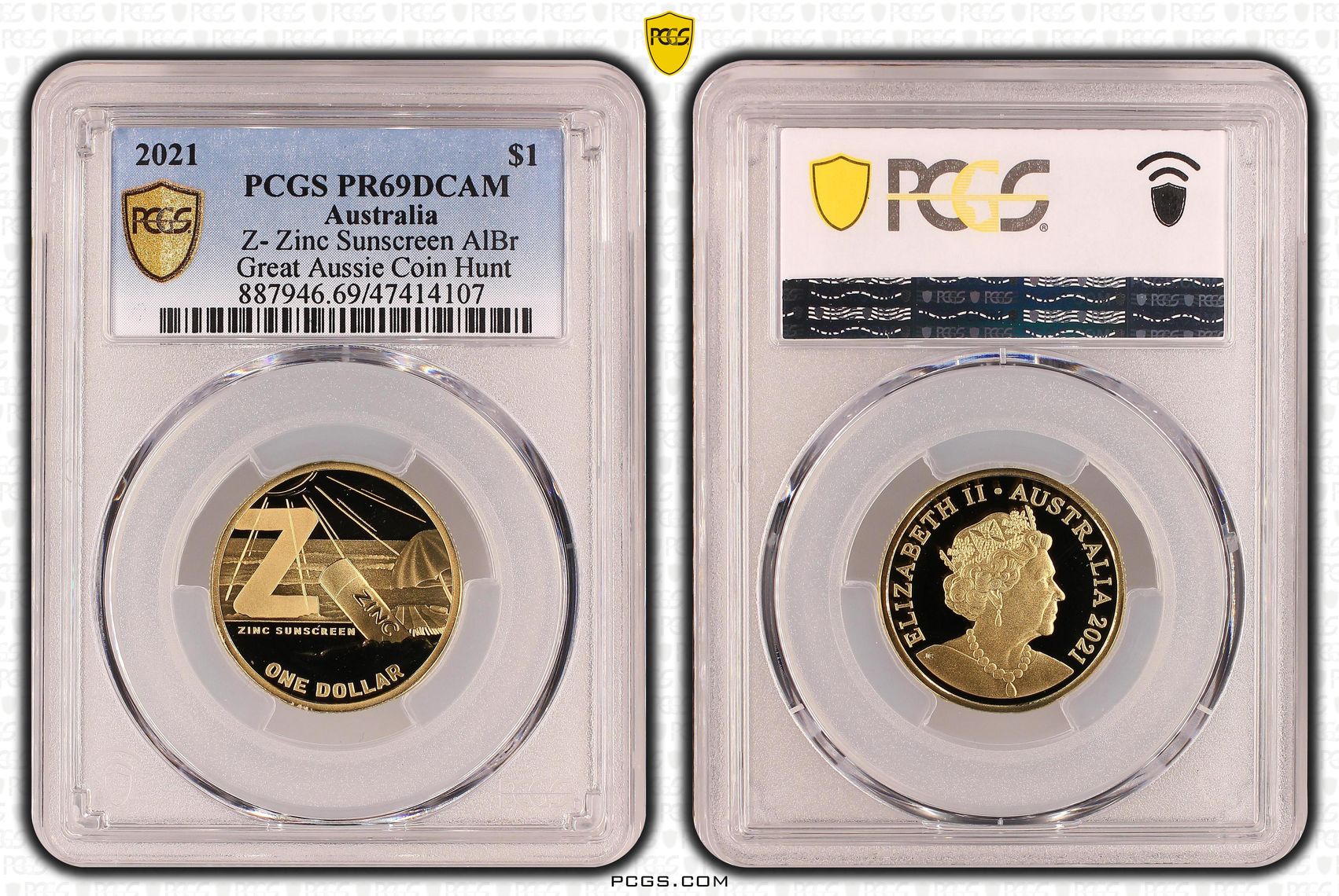 Elizabeth II, Z- Zinc Sunscreen AlBr, One Dollar, 2021, PCGS PR69DCAM