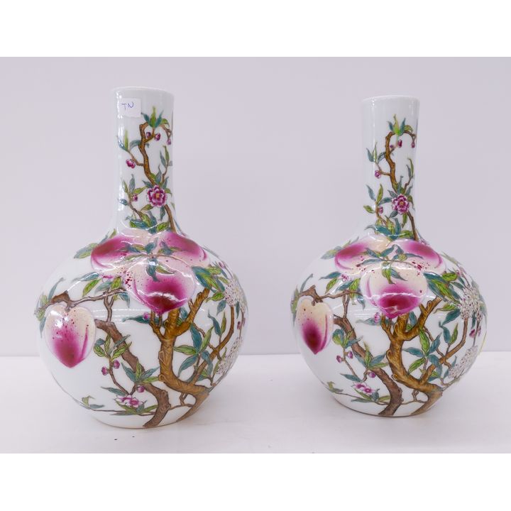 Pair Chinese Peach Porcelain Bottle Vases- 9''