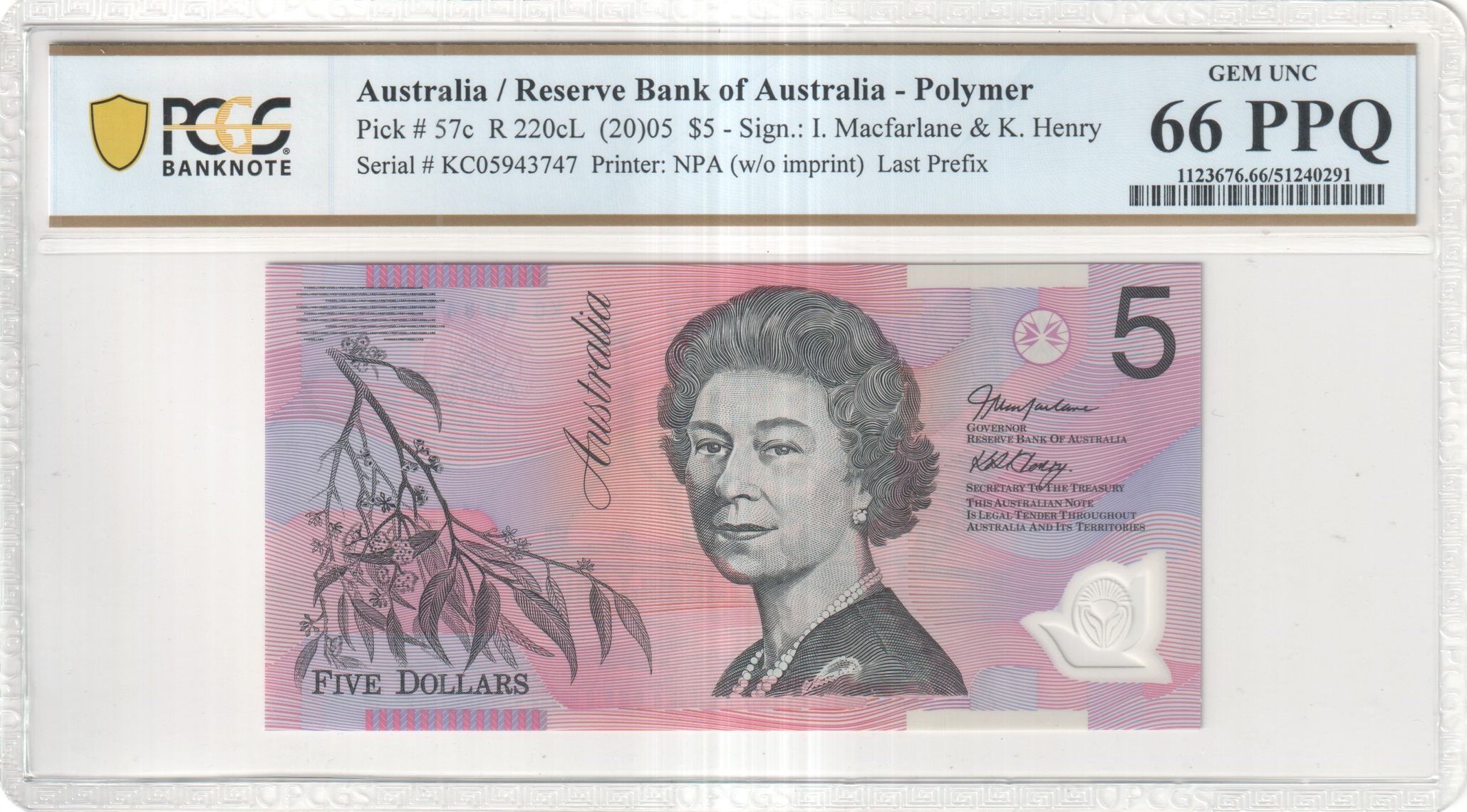 443 · Macfarlane/Henry, Last Prefix, Five Dollar, 2005, PCGS Gem UNC 66 PPQ