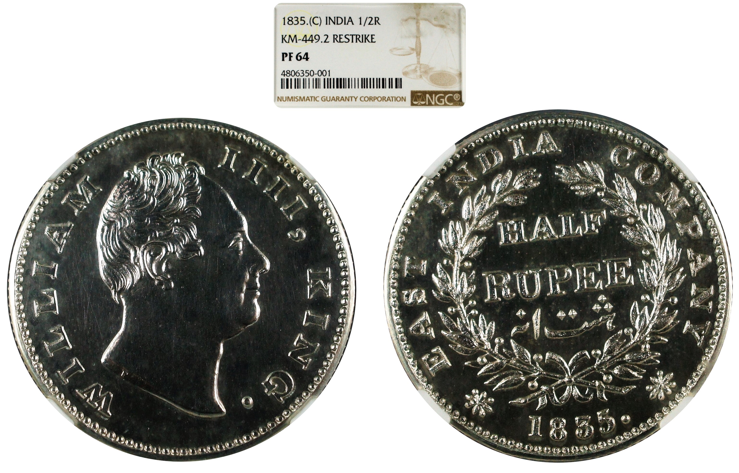 India British 1835. C 1/2 Rupee Restrike NGC PF64 - Raised F