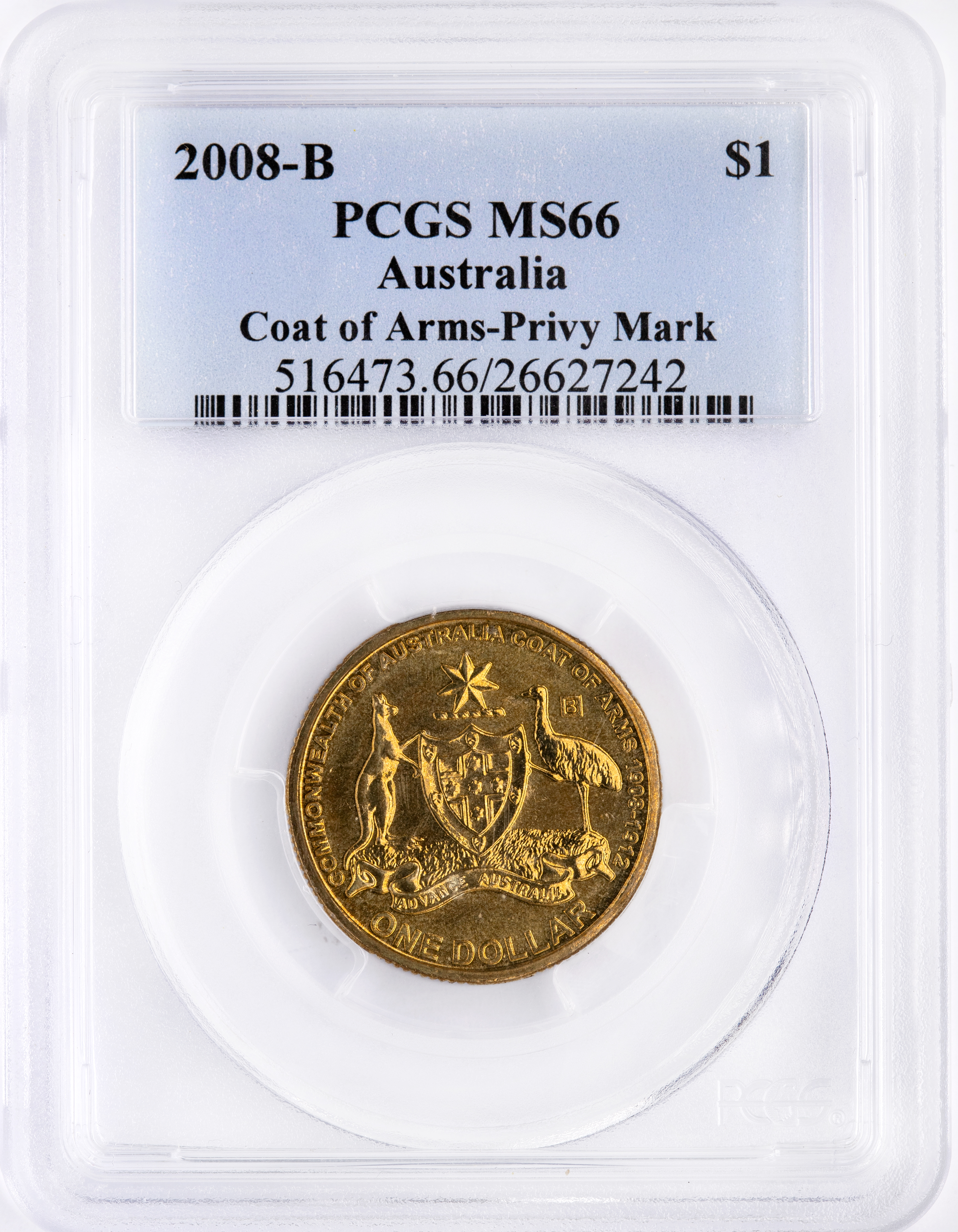 Coat of Arms-Privy Mark, One Dollar, 2008-B, PCGS MS66