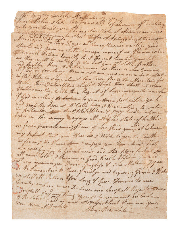 [WHISKEY REBELLION]. Letter from Pennsylvania militiaman William McCorkle describing "insurgents" in western Pennsylvania. "Headquarters Carlisle [PA]. November 12 1794."