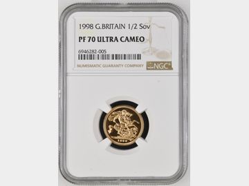 1998 PROOF GOLD HALF SOVEREIGN PF70 UCAM TOP POP!