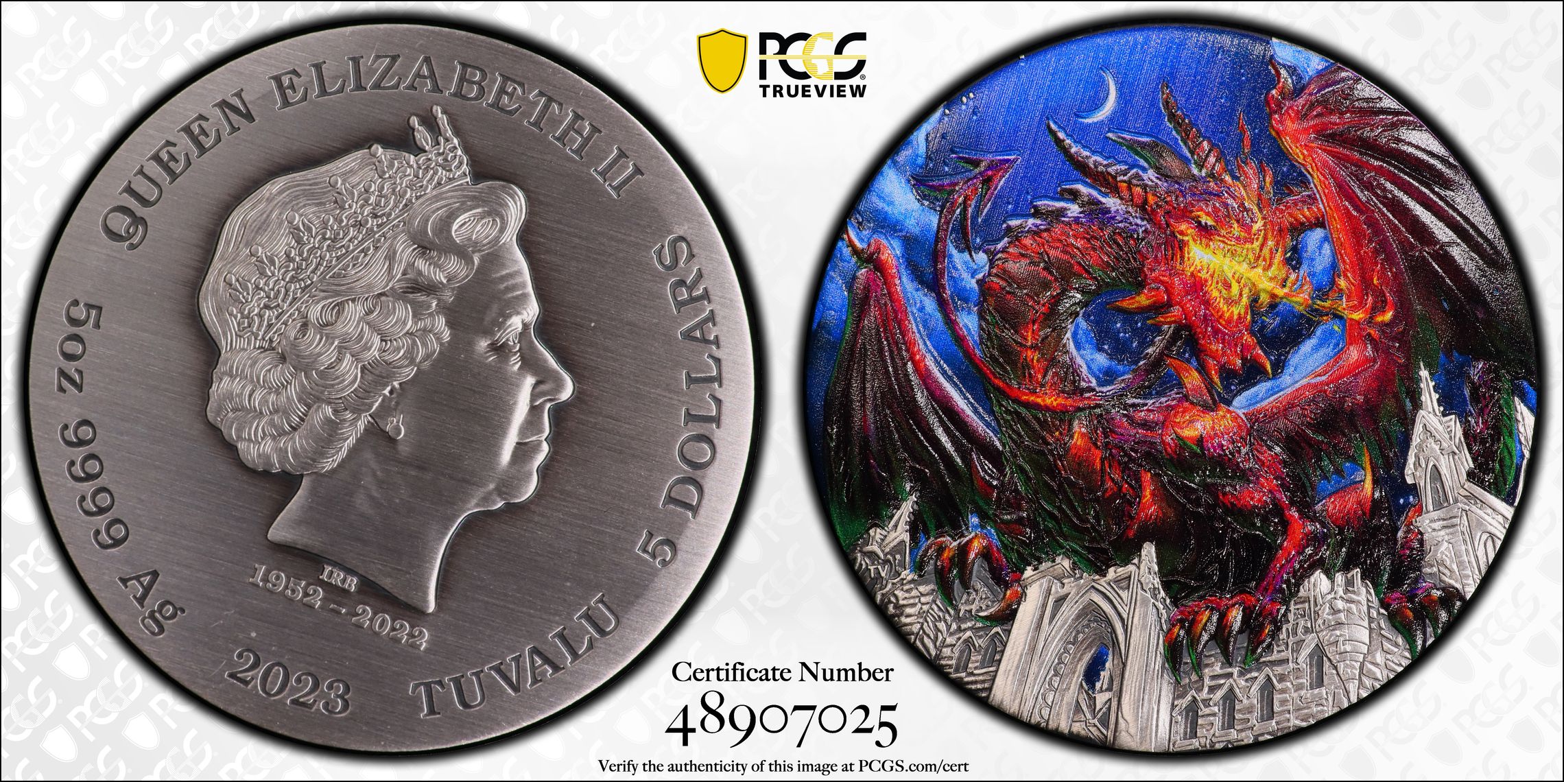 Tuvalu, Dragon Antique Finish 5oz Ag , Five Dollar, 2023, PCGS SP69