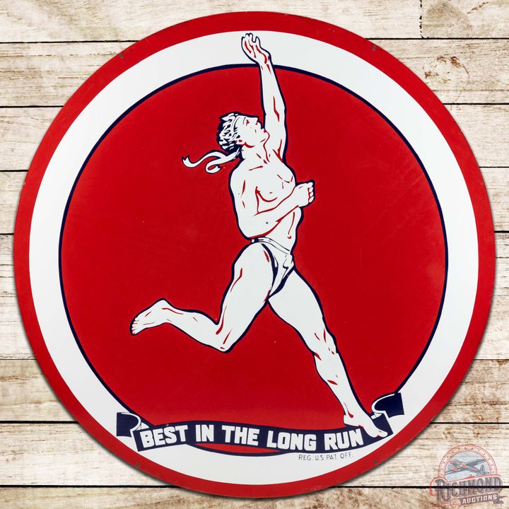 Scarce 6' Marathon Gasoline Best in the Long Run DS Porcelain ID Sign w/ Running Man