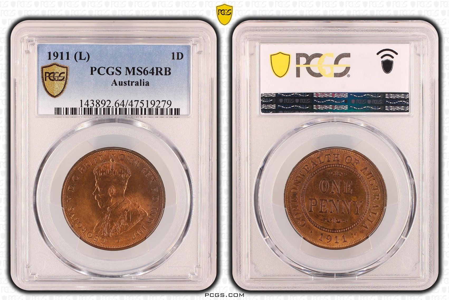 One Penny, 1911, PCGS MS 64RB