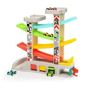 13.39" X 3.54" X 12.99" TOPBRIGHT CITY RAMP RACETRACK TOY FOR TODDLERS W/ 4 WOODEN CARS AND GARAGES