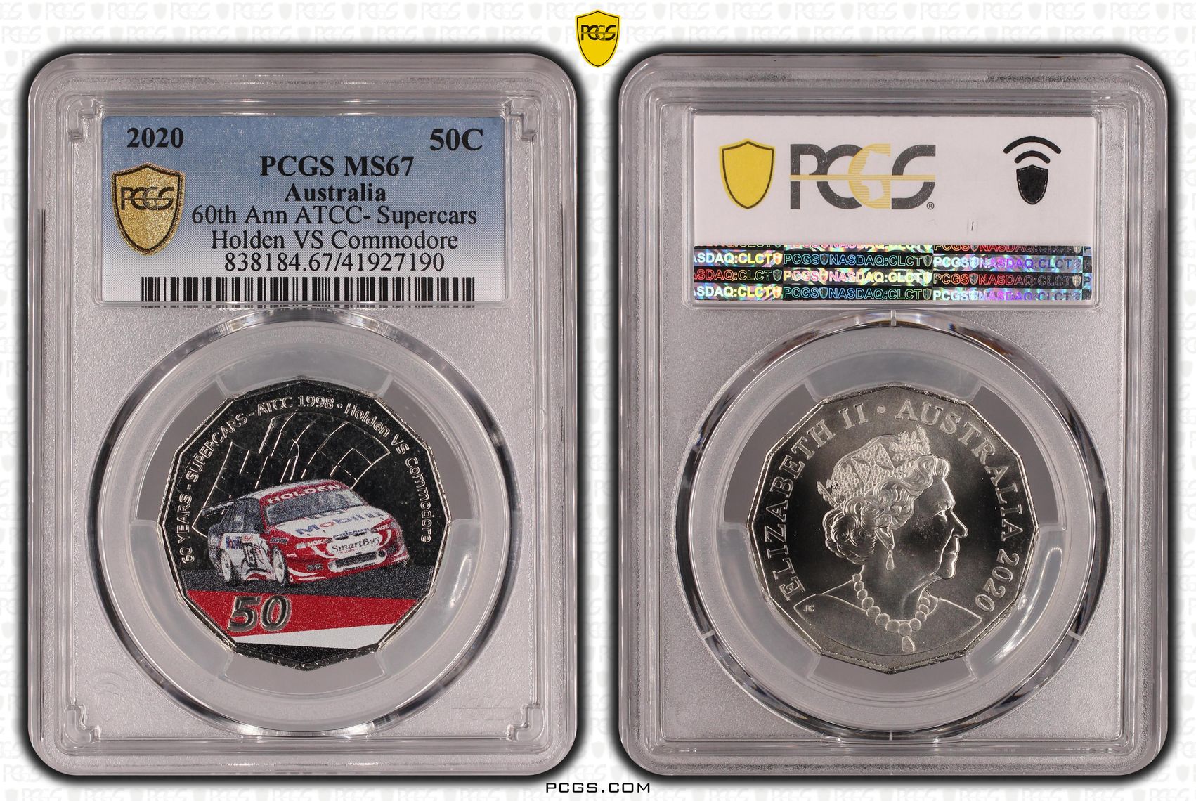 60th Ann ATCC- Supercars Holden VS Commodore Colorized, Fifty Cent, 2020, PCGS MS67