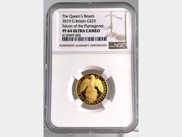 2019 QUEEN BEASTS 'FALCON OF THE PLANTAGENET' 1/4oz GOLD 25 POUND PF64 UCAM