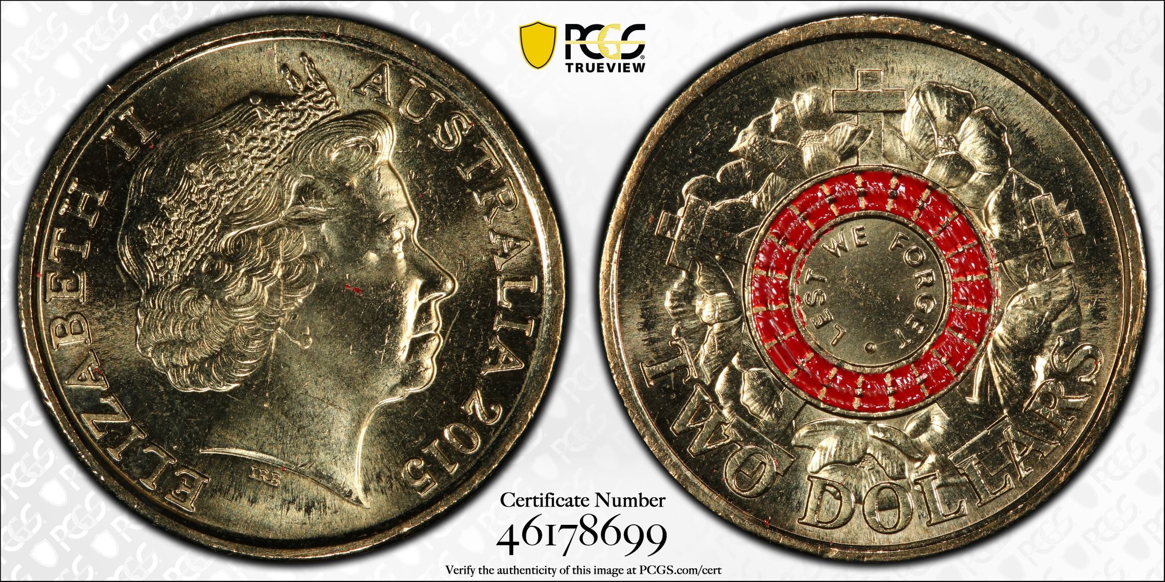 403 · Elizabeth II, Lest We Forget Colorized , Two Dollar, 2015, PCGS MS66