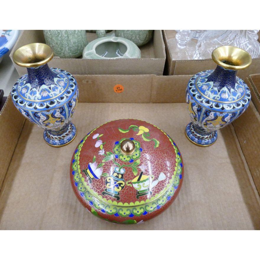 Box Chinese Cloisonne Vases & Covered Dish