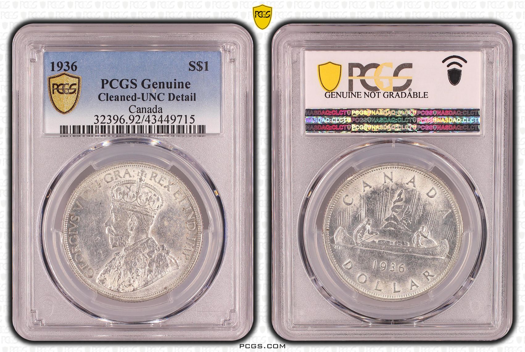 Canada, One Dollar, 1936, PCGS Genuine - UNC Details (92 - Cleaned)