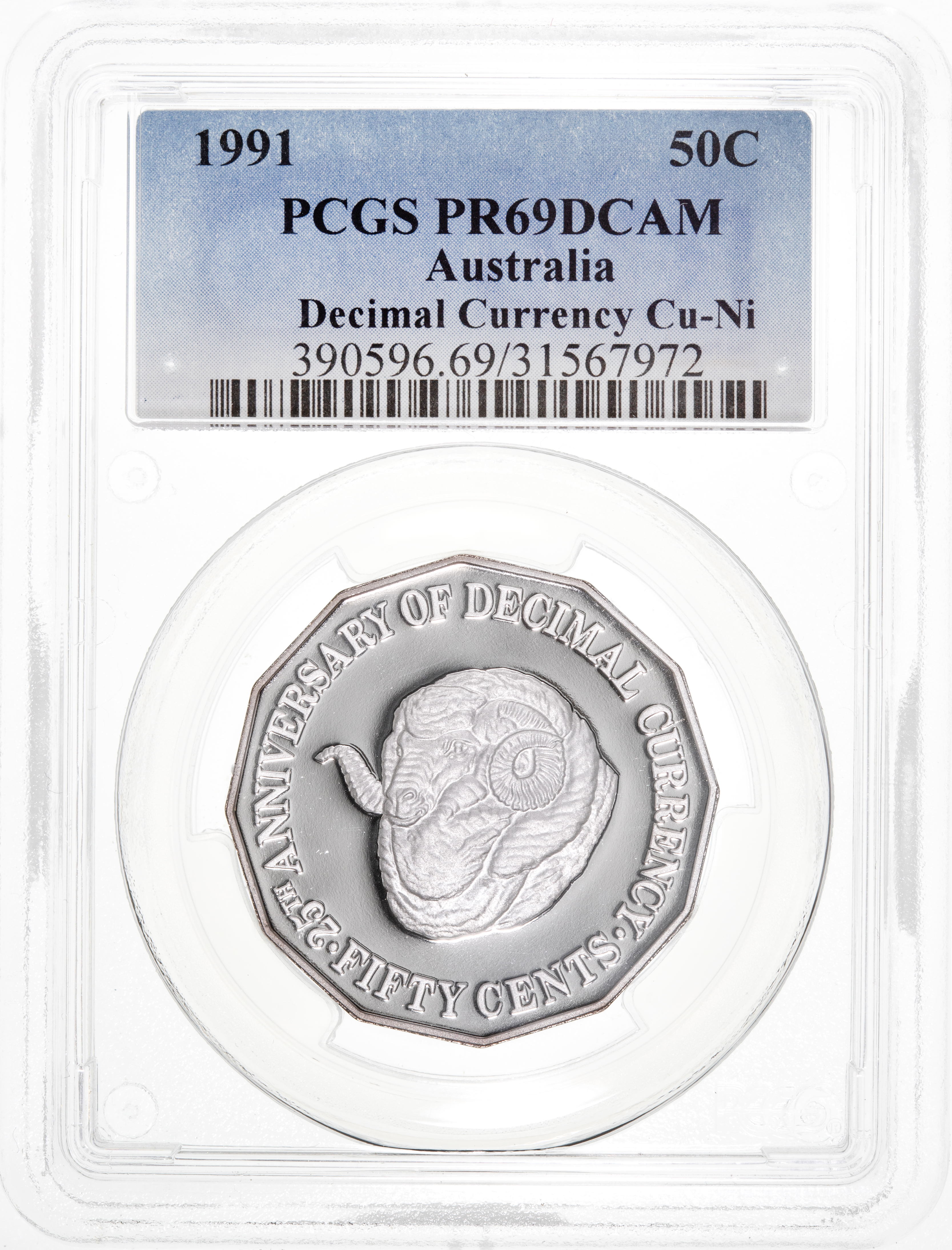 25th Ann. Decimal Currency, Fifty Cent, 1991, PCGS PR69DCAM
