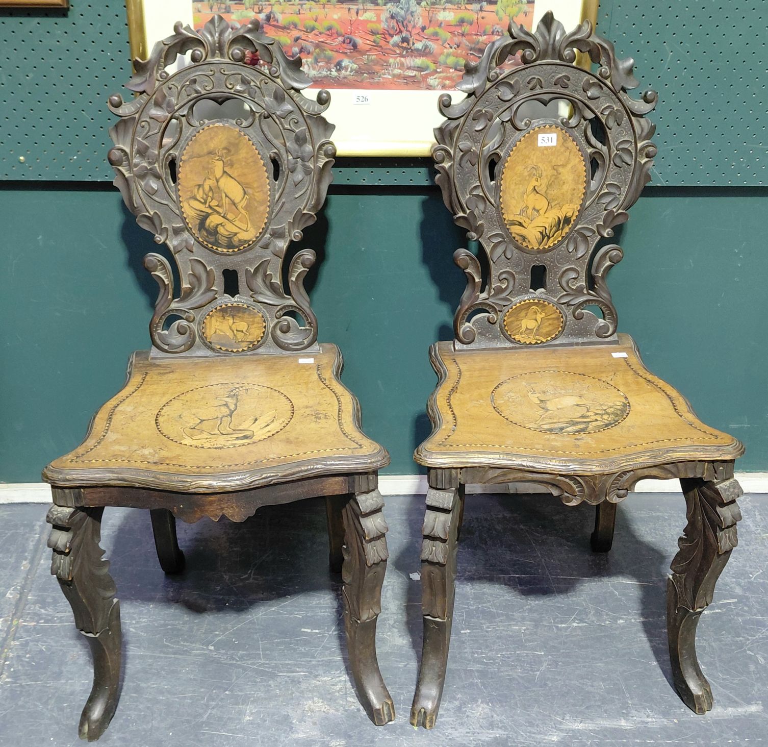 531 · RARE ANTIQUE BLACK FOREST HALL CHAIRS