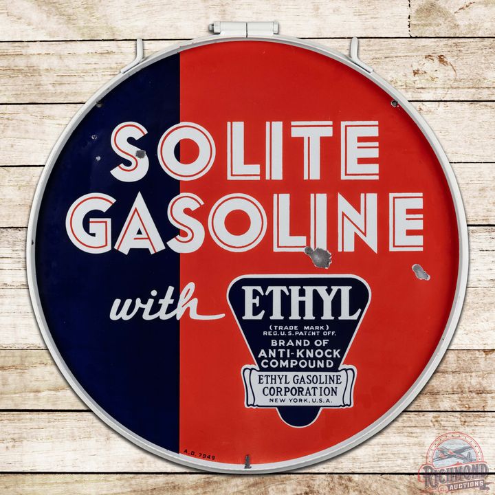 Standard Oil Solite Ethyl Gasoline 30" Double Sided Porcelain Sign w/ Ring