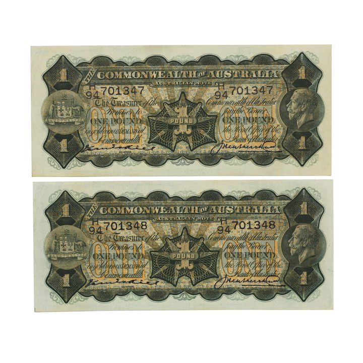 Consecutive Pair, Kell/Heathershaw, One Pound, 1927, UNC