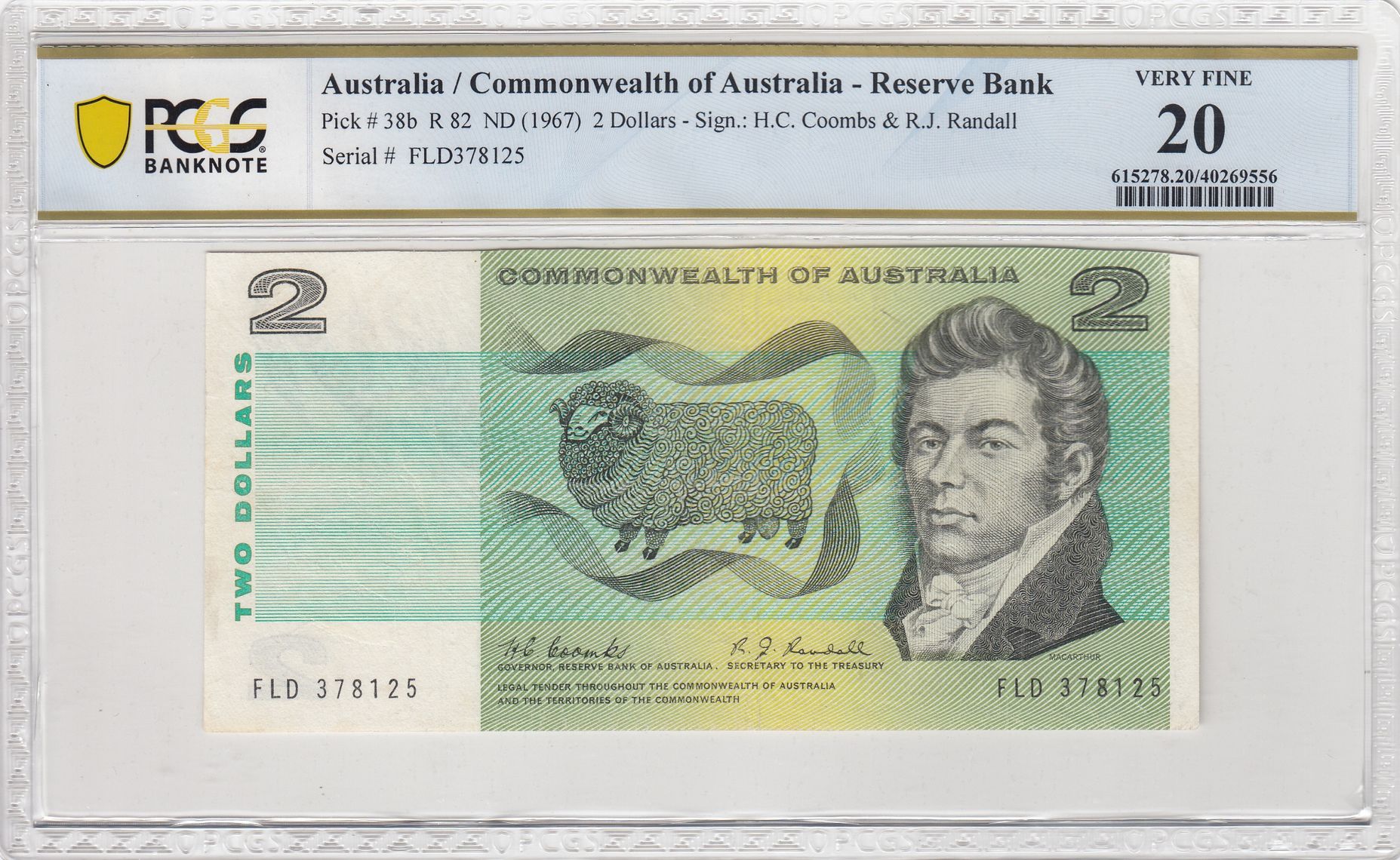 1967 Australia $2 Banknote Coombs/Randall Very Fine 20 PCGS
