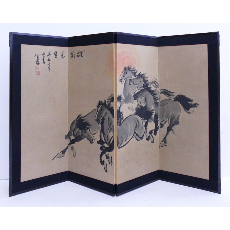 Japanese Painted 4 Panel Screen- Running Horses- 36x54''