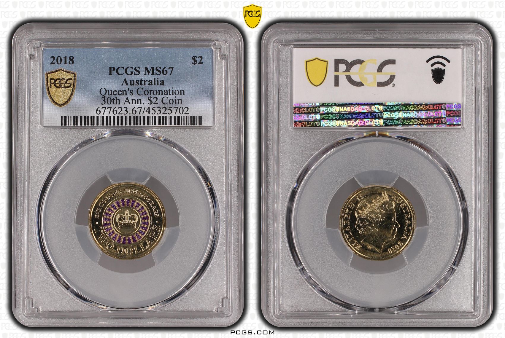 Queen's Coronation Colorized 30th Ann. $2 Coin, Two Dollar, 2018, PCGS MS67
