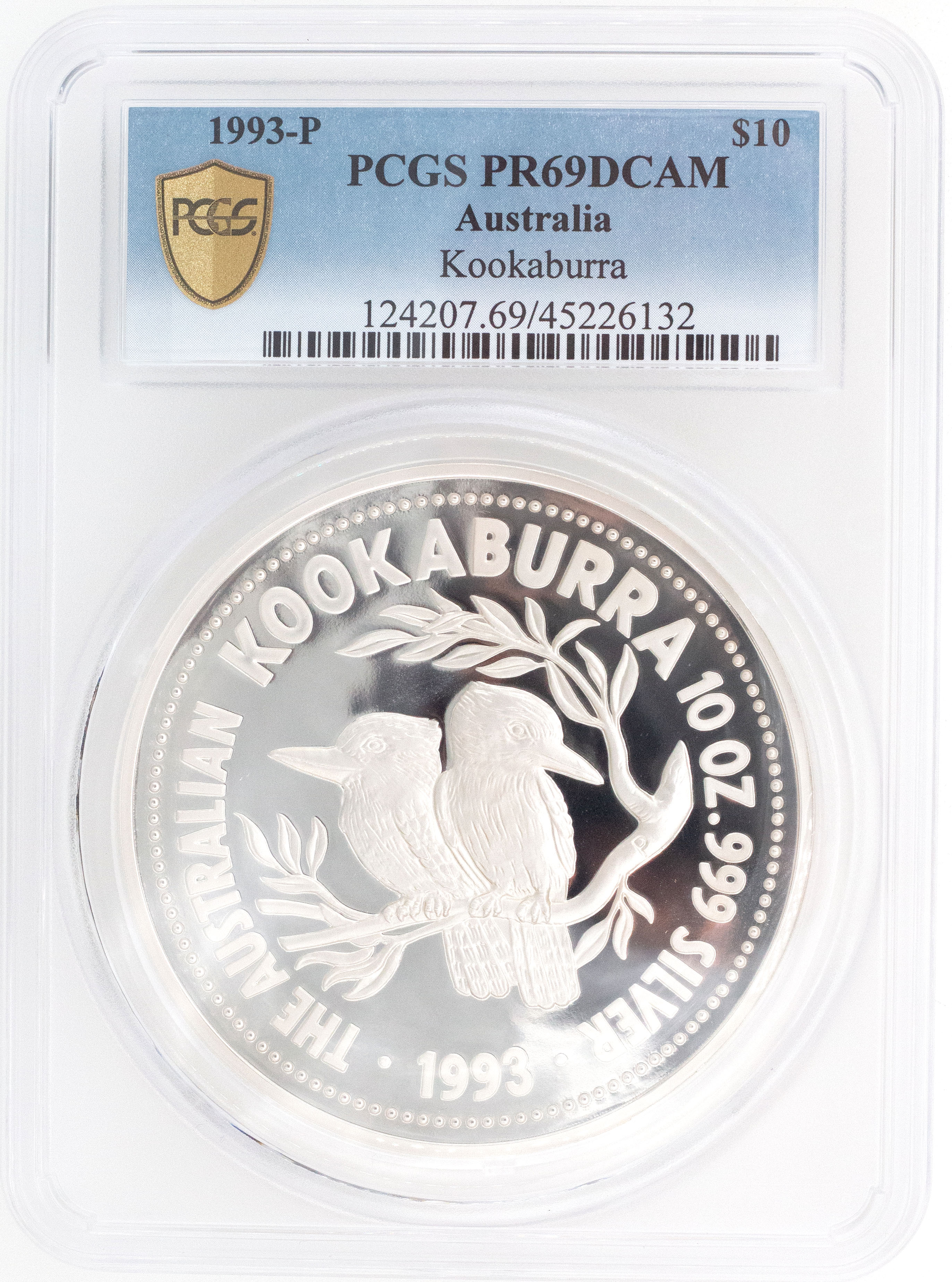 1993-P Australia Ten Dollar, $10 Silver Kookaburra PCGS - PR69DCAM POP 4/0 -132