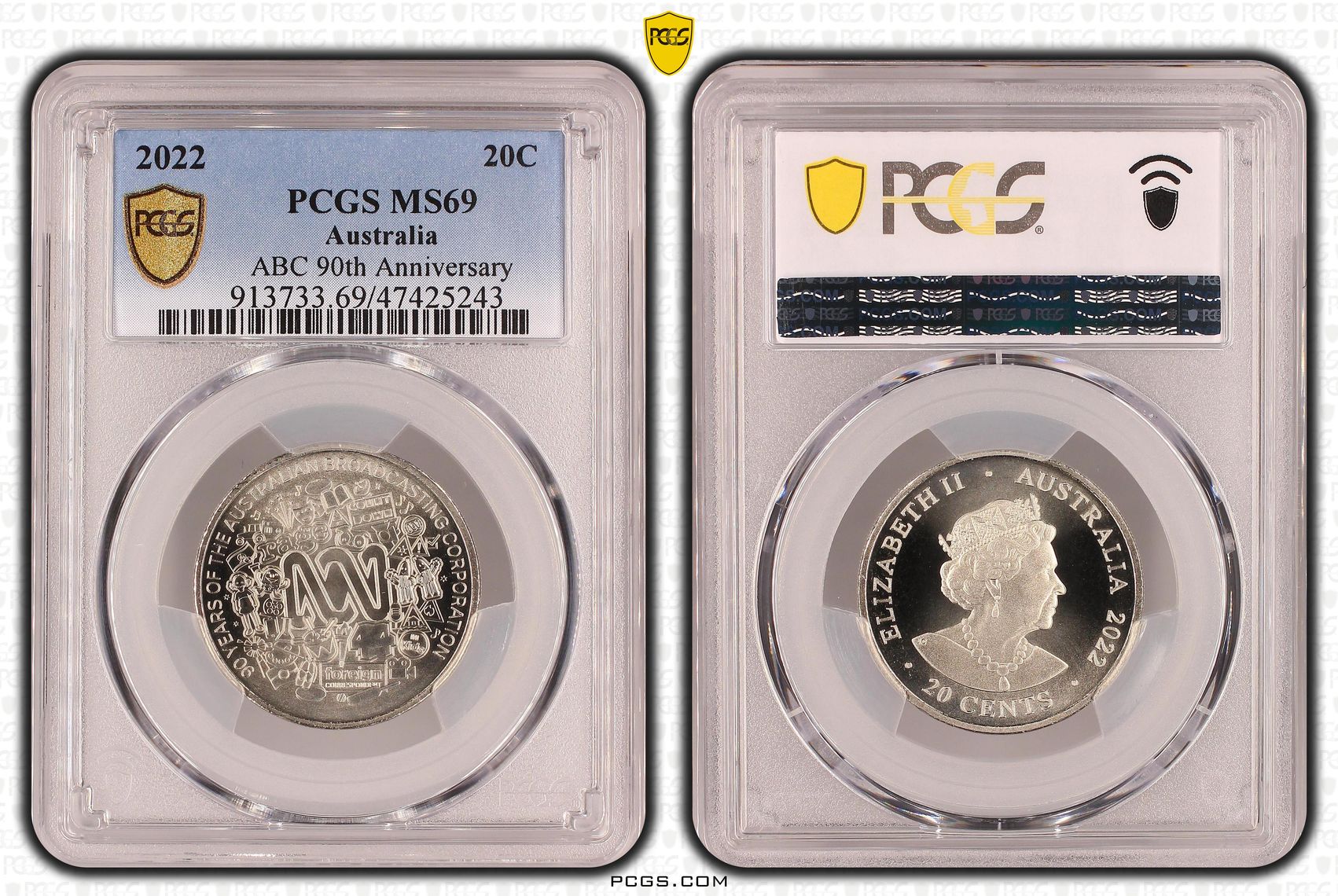 ABC 90th Anniversary, Twenty Cent, 2022, PCGS MS 69