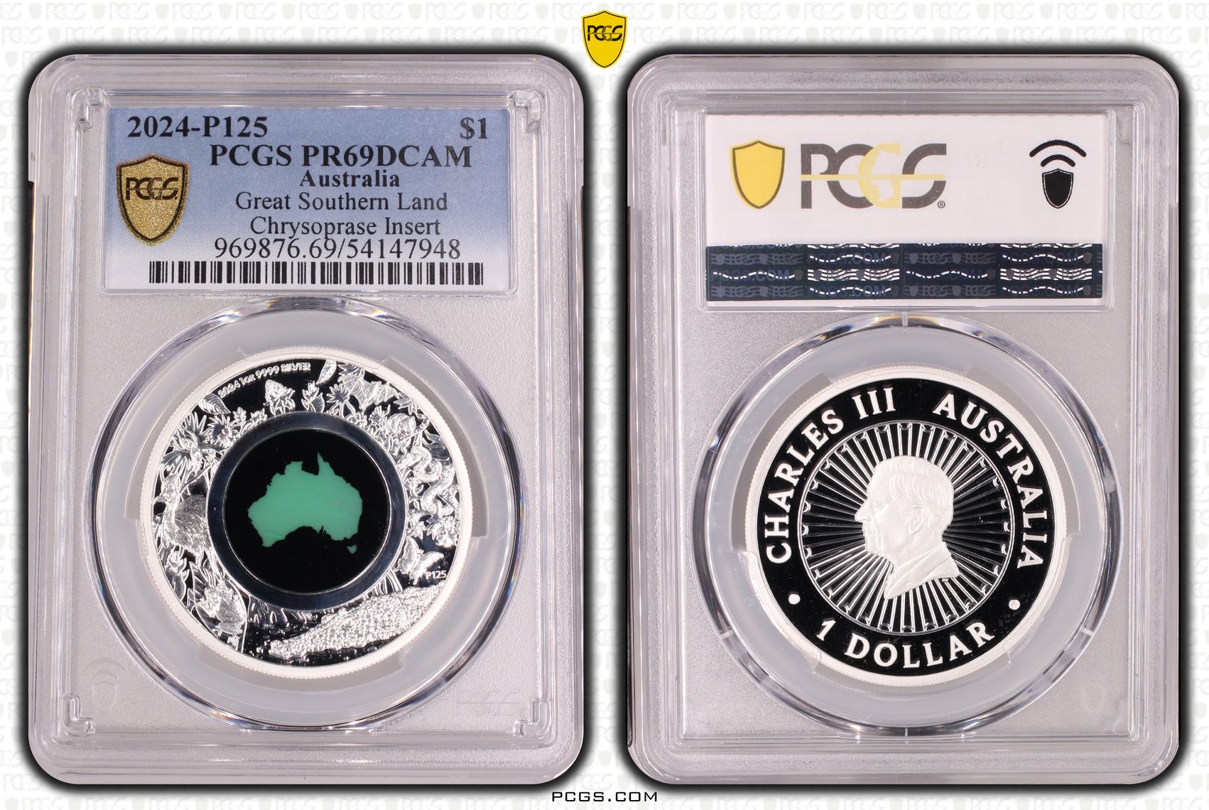 Great Southern Land Chrysoprase Insert, One Dollar, 2024-P125, PCGS PR69DCAM
