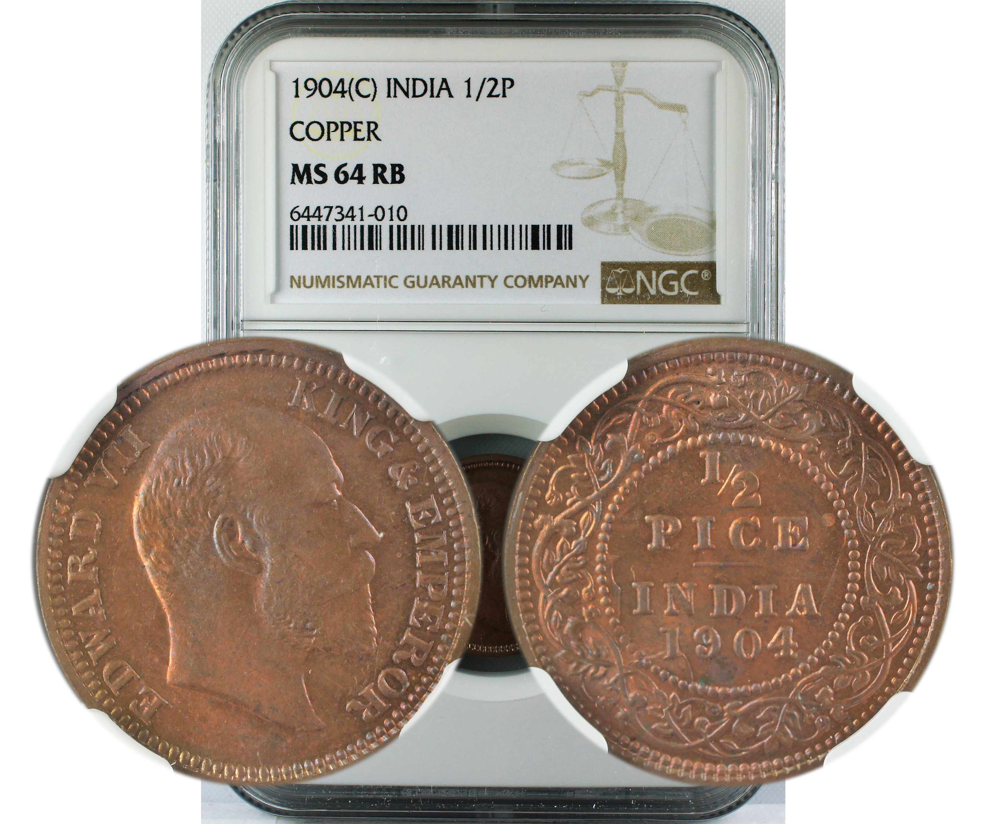 1904 C INDIA 1/2P COPPER MS64 RB