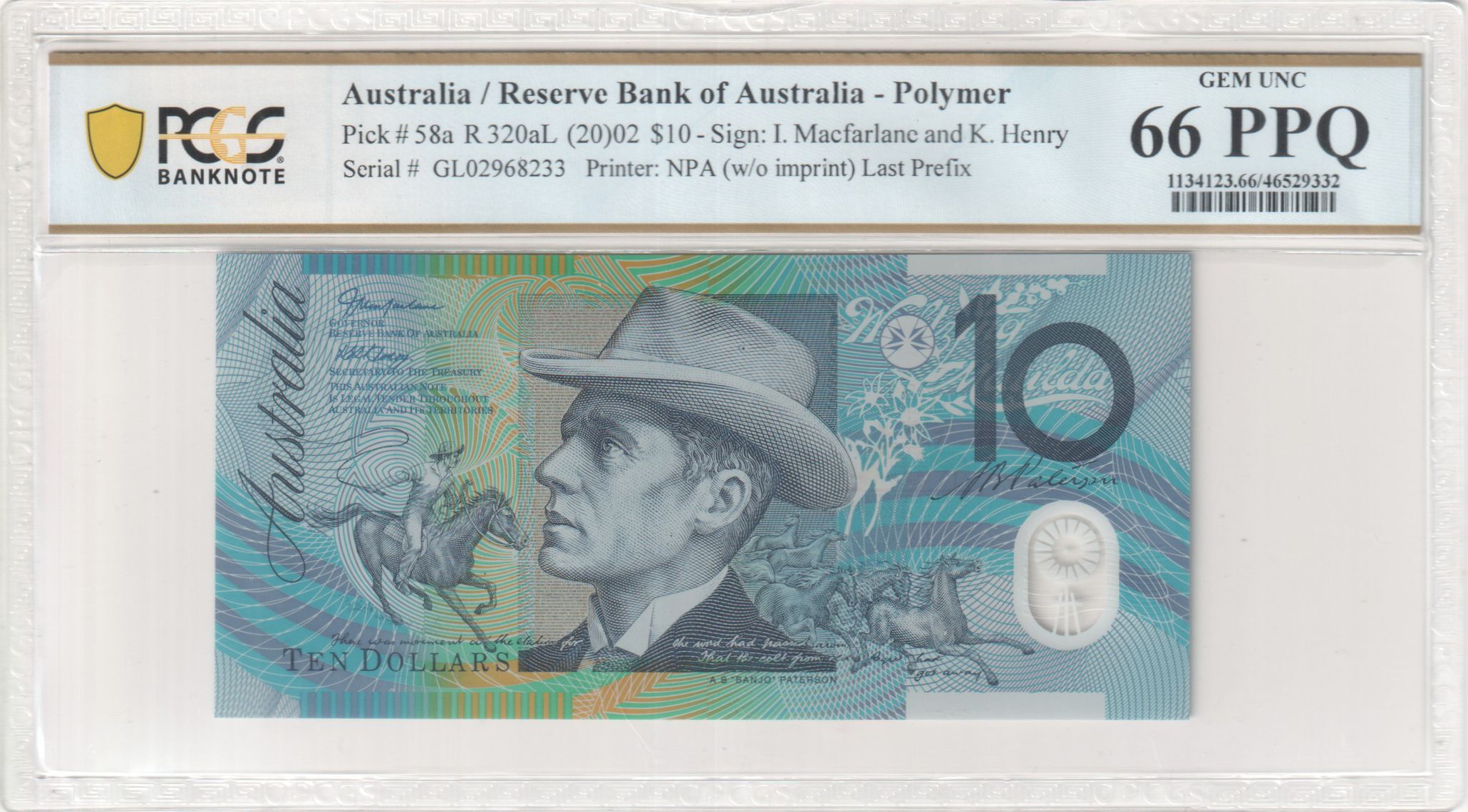 Macfarlane/Henry, Last Prefix, Ten Dollar, 2002, PCGS Gem UNC 66 PPQ