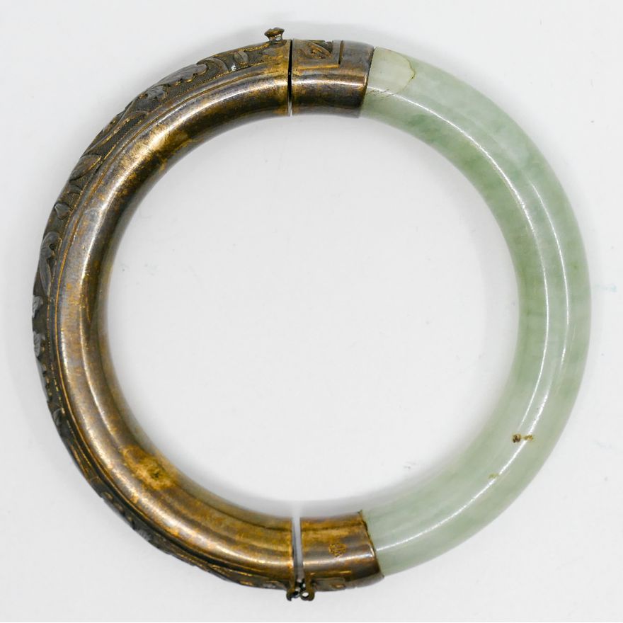 Chinese Jade and Silver Bangle Bracelet 3'' - Old repair and missing pin on hinge