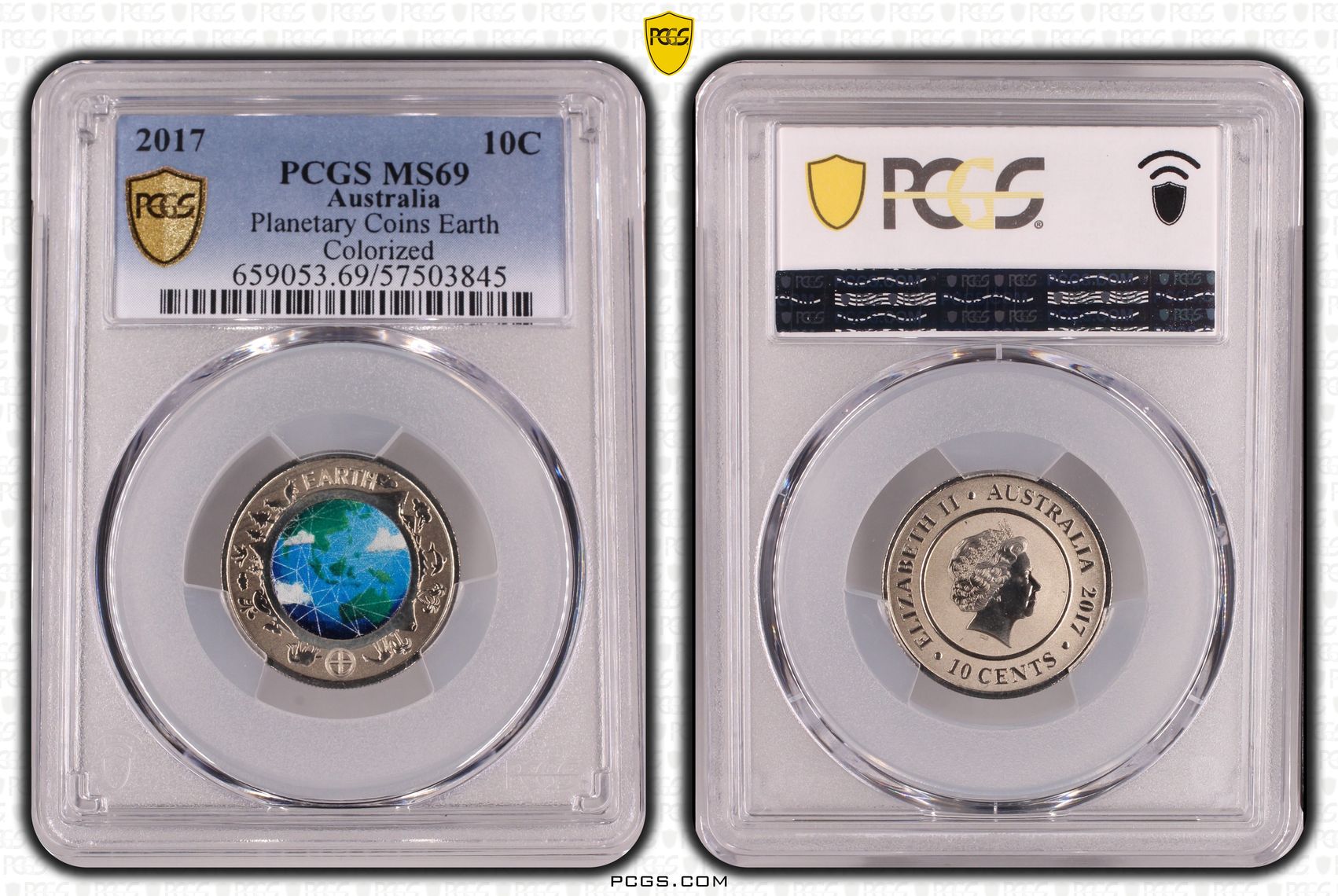 297 · Planetary Coins Earth Colourised, Ten Cent, 2017, PCGS MS69