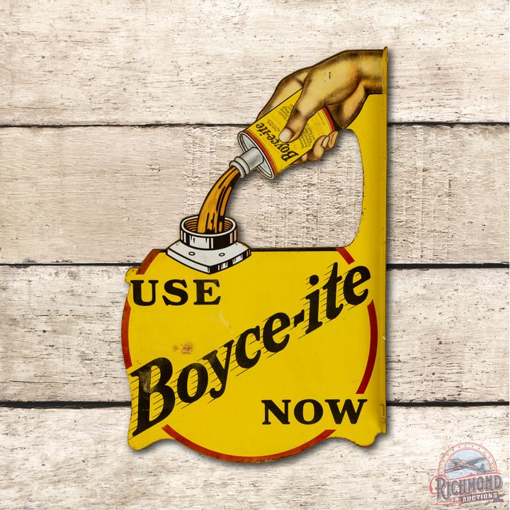 Rare Use Boyce-ite Now Die Cut Tin Flange Sign TAC 8 & 7.5