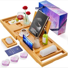 YIRILAN LUX EXPANDABLE BATHTUB TRAY CADDY WITH 3 BATH BOMBS-SELF CARE AND RELAXATION BIRTHDAY GIFTS FOR WOMEN AND MEN, HOUSEWARMIN