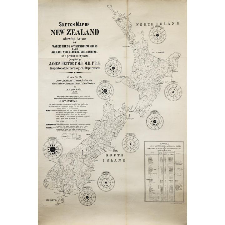 BAIN, BRYCE, Sketch Map of New Zealand Showing Areas of Water Sheds