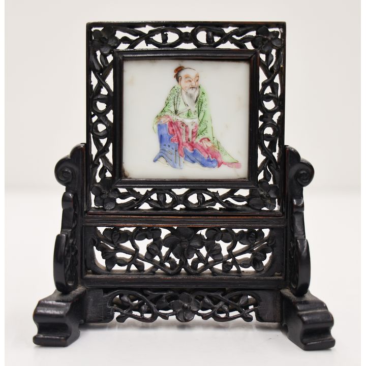 Chinese Porcelain Rosewood Miniature Table Screen