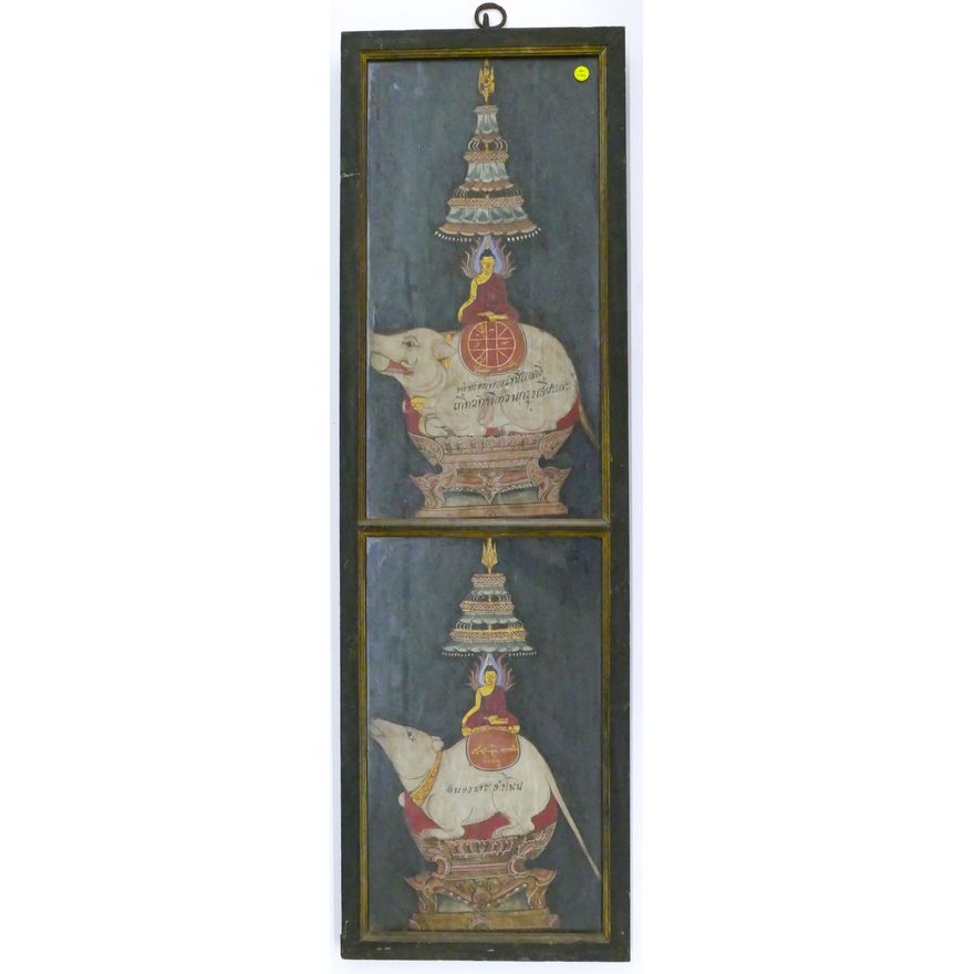 Old Thai Buddhist Painted Vertical Diptych Framed 51''x15''