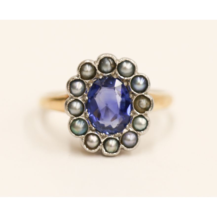 Edwardian Sapphire & Seed Pearl 14k Ring