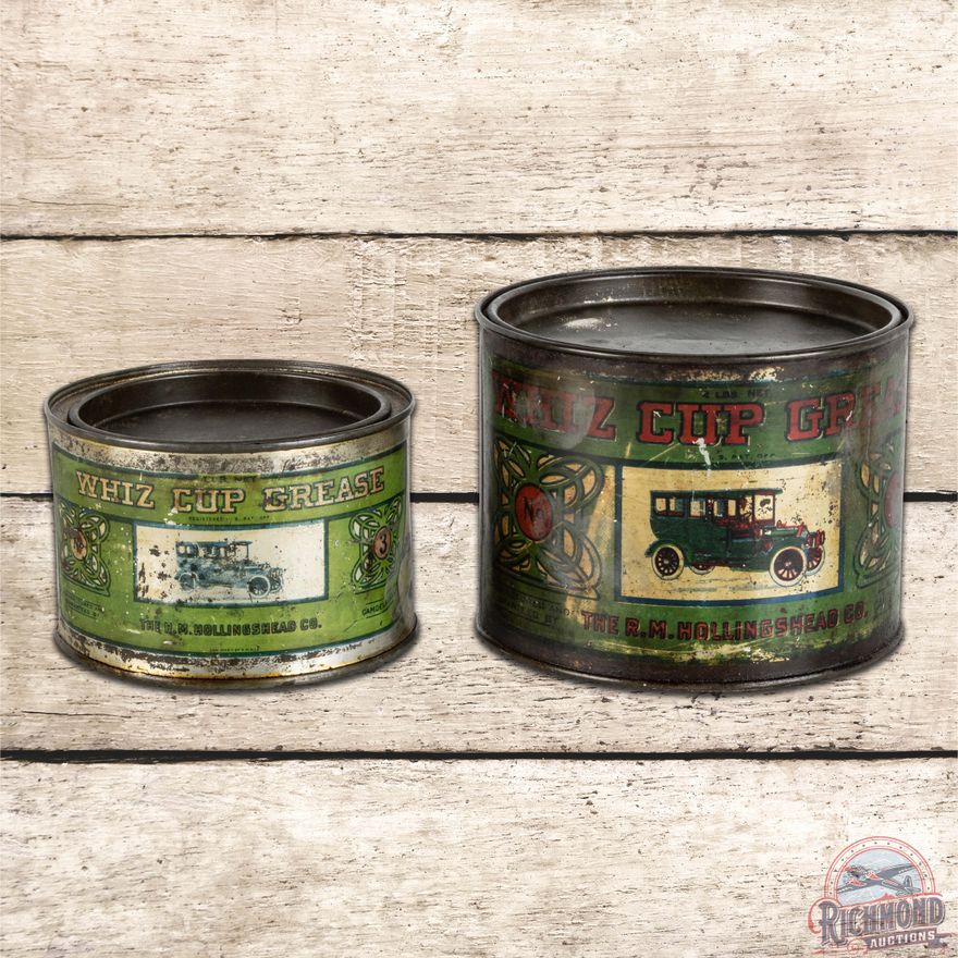 Group of 2 Whiz Cup Grease Cans w/ Early Automobiles